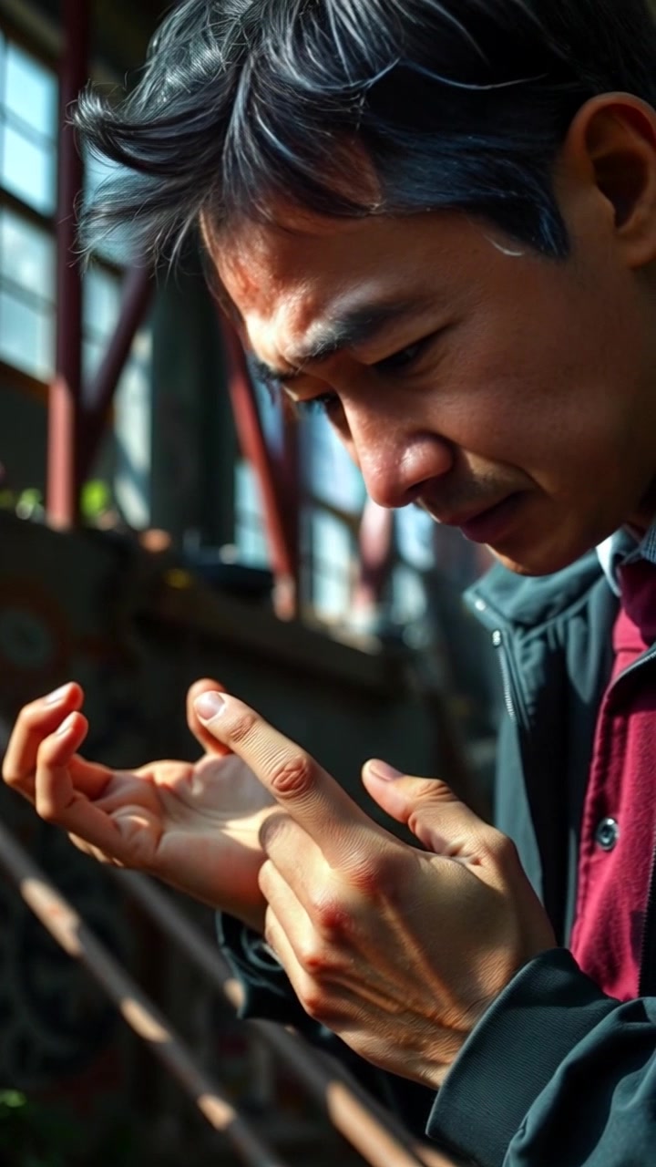 Scene: Close-up of hands fidgeting nervously, fingers tapping and clenching while staring at a brightly lit screen. Style: Soft, diffused lighting enhances the tense atmosphere, casting subtle shadows on the hands. Motion: A dynamic, handheld camera gently pushes in on the hands, capturing the anxious movements as they respond to the unseen stimuli on the screen.