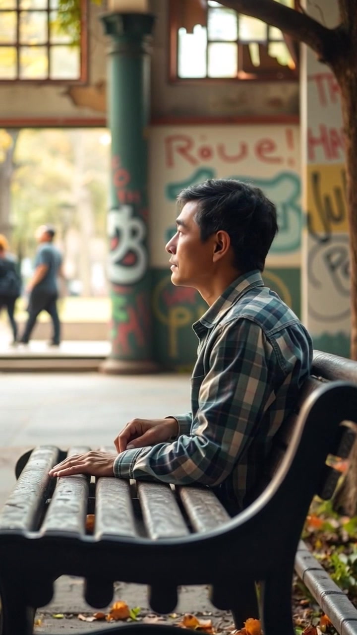 Subject: A contemplative individual sitting on a park bench. Subject movement: The individual shifts slightly to adjust their perspective, gazing thoughtfully at passing people. Scene: A bustling park filled with trees and walking paths, vibrant autumn leaves scattered around. Style: Soft, afternoon light filtering through the branches, creating dappled patterns on the ground. Motion: The camera slowly pushes in towards the individual, capturing the serene expressions and the dynamic movement of the park's activities around them.