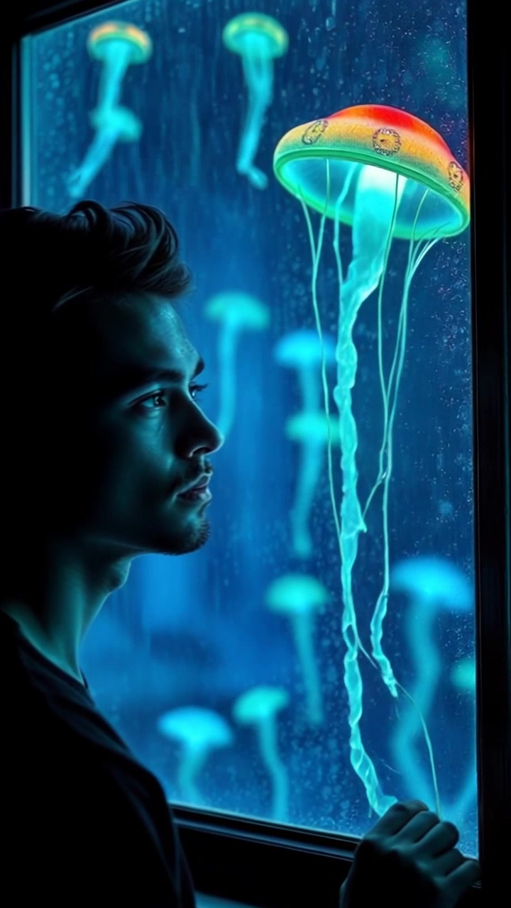 Scene: A close-up of a rain-soaked window with droplets sliding down the glass, creating a blurred, reflective surface. Style: Soft, ambient lighting enhancing the melancholic mood, with the soft glow of the interior light seeping through. Motion: Camera slowly pushes in, focusing on the raindrops as they cascade down, conveying a sense of quiet introspection.