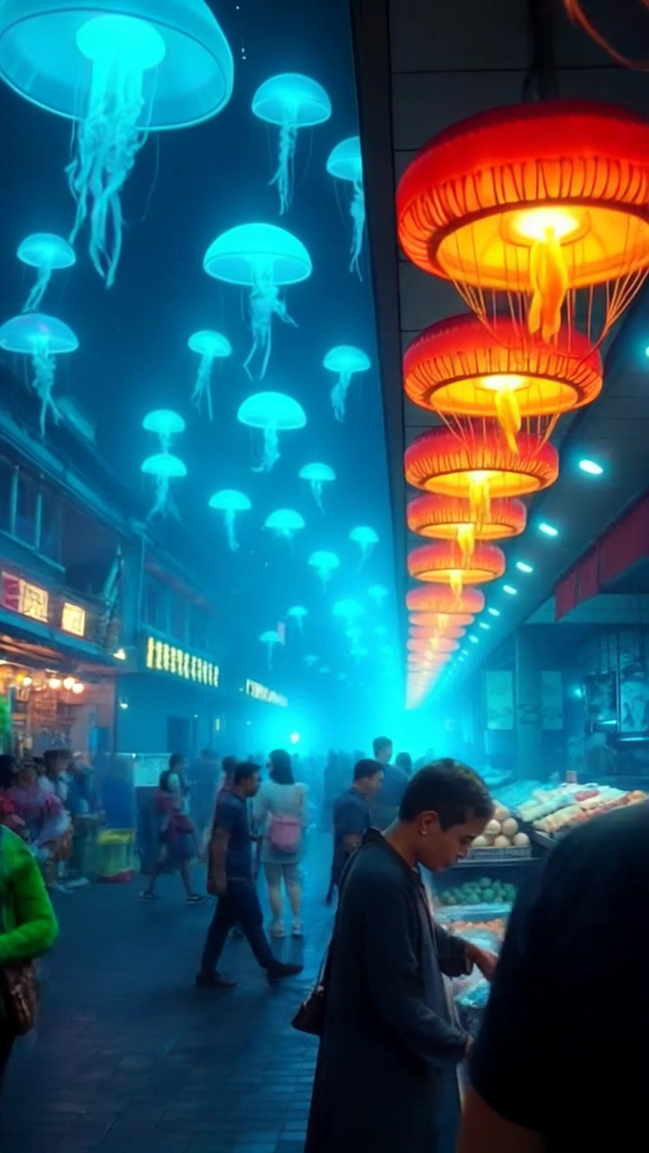 Scene: A bustling market filled with colorful stalls, vendors passionately trading goods, and a diverse crowd engaged in lively conversation. Style: Bright, natural light illuminating the vibrant colors of the market, creating an inviting and energetic atmosphere. Motion: The camera glides smoothly through the crowd, weaving between stalls and capturing the dynamic interactions and the buzzing ambiance.