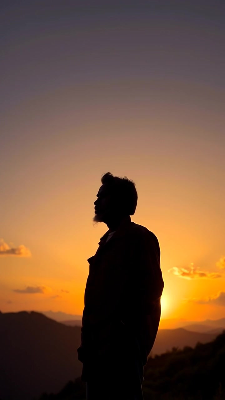 Subject: A figure standing atop a hill. Subject movement: The figure stands still, gazing contemplatively at the sunset. Scene: A hill overlooking distant mountains with clouds illuminated by the golden hues of sunset. Style: Warm sunset lighting casting a serene glow across the landscape. Motion: Camera slowly pans outwards from the figure to reveal the expansive view of the mountains and sky, capturing the beauty of the moment.
