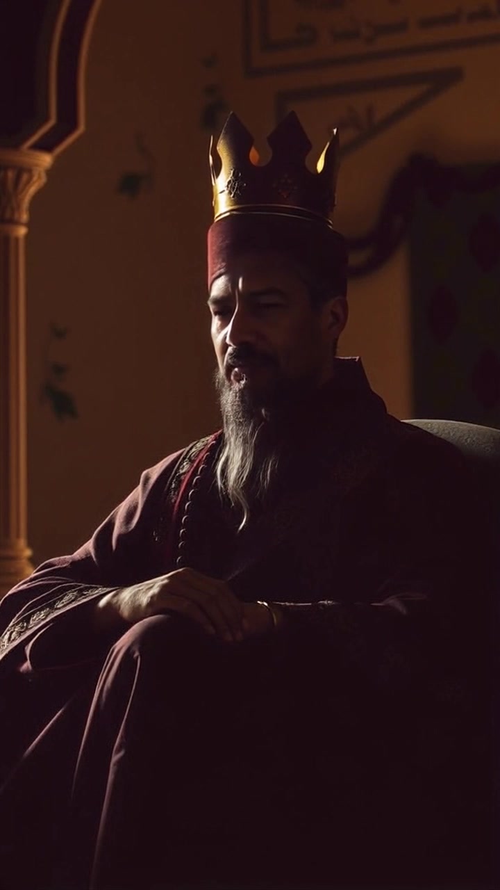 Subject: A regal figure seated on a grand throne within a lavish palace. Subject movement: The Raj subtly adjusts his posture, exuding authority and grace. Scene: Inside an opulent palace featuring intricate carvings and rich tapestries, with golden accents illuminating the space. Lighting: Soft, warm lighting that enhances the richness of the decor and the figure's attire. Motion: The camera begins with a close-up on the Raj's ornate attire, then slowly rises and pans out to reveal the majestic throne and surrounding opulence.
