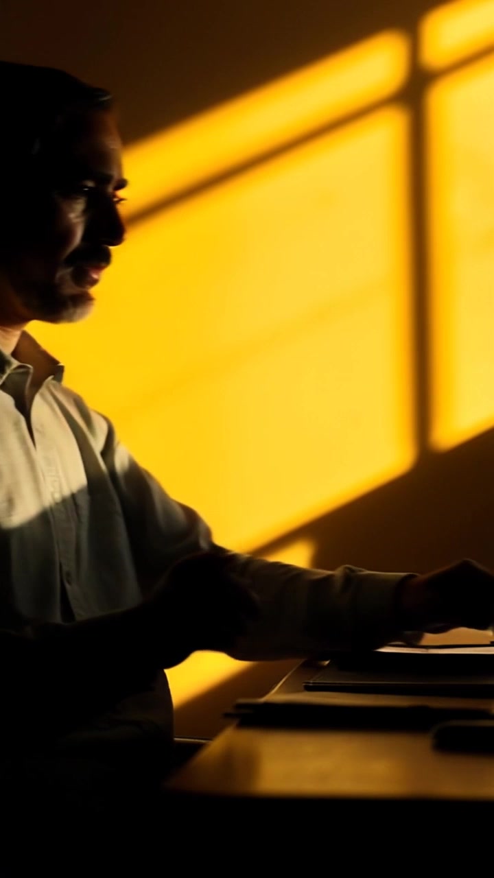 Subject: A person seated at a desk, surrounded by scattered paperwork. Subject movement: The person leans back thoughtfully, fingers tapping lightly on the desk as they reflect. Scene: An intimate study room filled with warm, ambient lighting, shelves lined with books cast in soft shadows. Motion: Camera gradually pushes in on the subject, capturing the furrowed brow and the contemplative expression, while maintaining a gentle focus on the surrounding clutter.