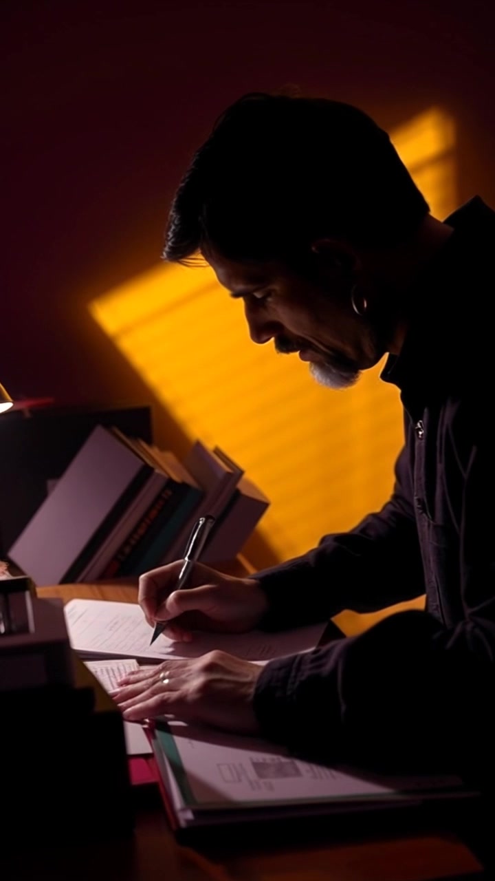 Subject: A focused individual seated at a cluttered desk filled with papers and books, writing notes with intensity. Scene: Cozy study environment, warm light filtering through a nearby window, illuminating the chaos of creativity. Motion: Camera slowly pushes in to capture the subject's concentration, emphasizing their determined expression as they jot down thoughts, the surrounding environment subtly blurring to draw attention to the task at hand.