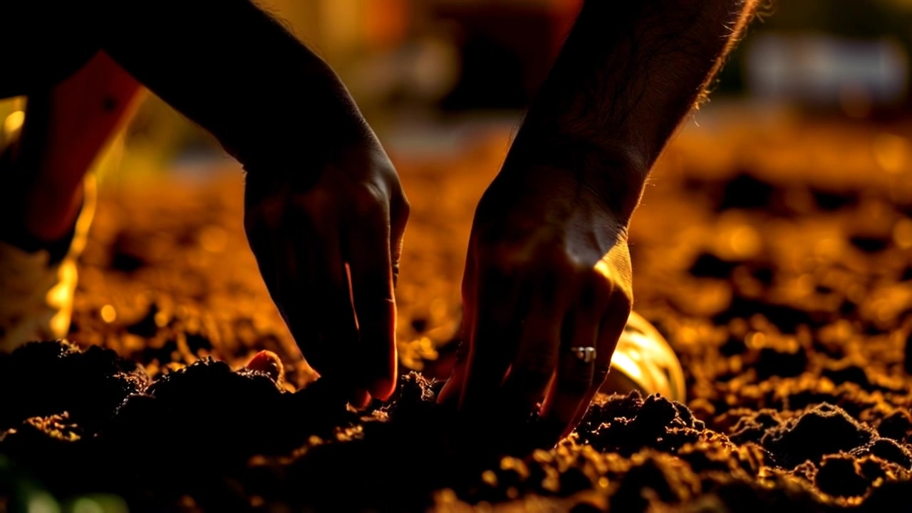 Subject: Hands skillfully planting seeds into rich, dark soil. Subject movement: The hands gently press the seeds into the earth, rhythmically working the soil around each seed. Scene: A garden bed, vibrant and fertile, surrounded by budding plants and soft earth. Style: Warm morning light casts a gentle glow over the scene, enhancing the earthy tones and textures. Motion: Camera zooms in for an intimate close-up of the hands at work, then slowly pulls back to reveal the surrounding garden.