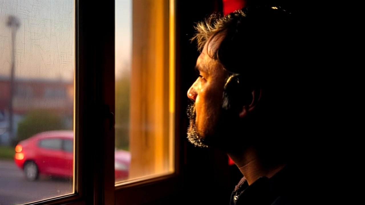 Subject: A contemplative individual gazing out of a window, lost in thought. Subject movement: The individual turns their head slightly, as if pondering deeper thoughts, while the sunlight casts gentle shadows across their face. Scene: A cozy, well-lit room filled with books and plants, the window framing a view of a vibrant street outside. Style: Soft, warm morning light creating an inviting atmosphere. Motion: The camera slowly pushes in on the individual, capturing their reflections in the window as the scene outside subtly shifts from a quiet morning to the bustling energy of everyday life.