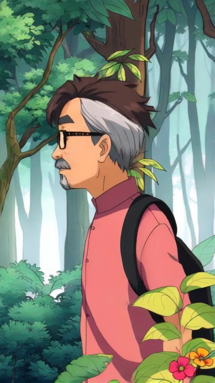 Subject: A person walking through a dense forest, pausing periodically to admire the surroundings. Scene: Lush greenery surrounds the individual, with tall trees and dappled sunlight filtering through the leaves. Motion: The camera follows with a smooth tracking shot, gliding alongside as the person explores, capturing their sense of wonder in natural, ambient light that enhances the tranquil atmosphere.
