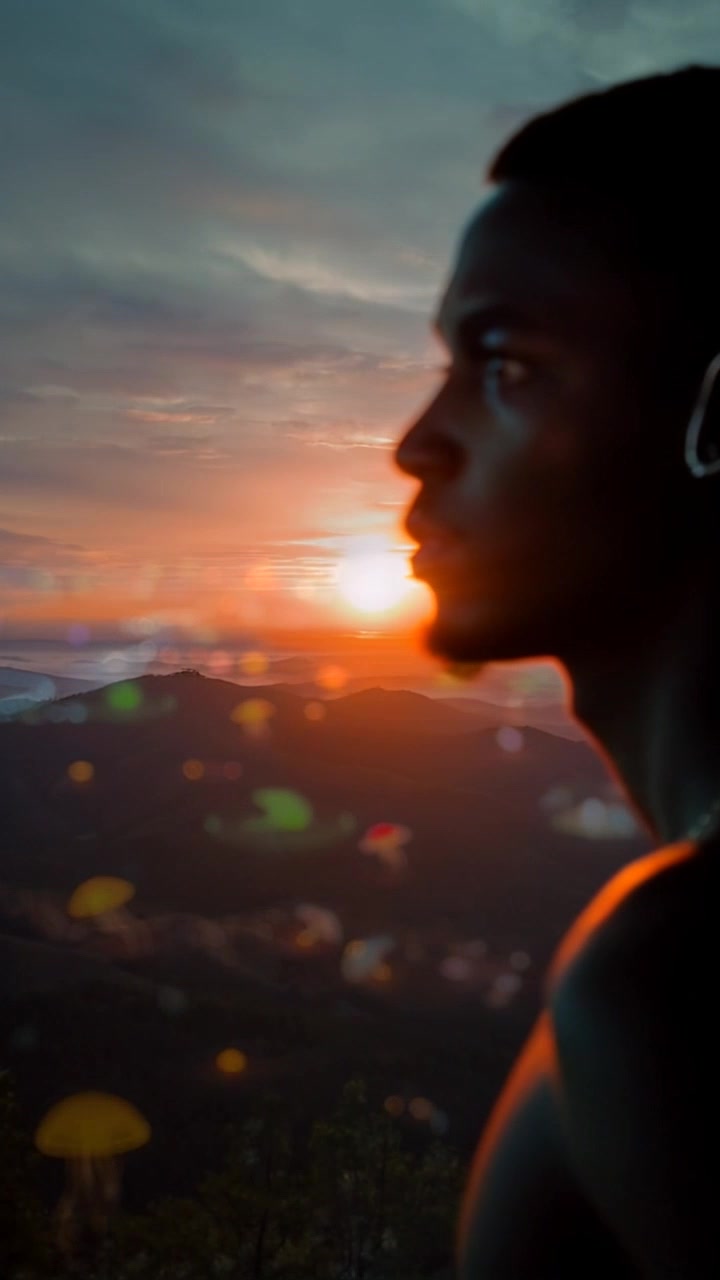 Subject: A person gazing thoughtfully at the horizon from a hilltop. Subject movement: The person stands still, gazing into the distance, their silhouette framed against a vast sky. Scene: A scenic hilltop overlooking a sprawling landscape at sunset, with soft, rolling hills in the background. Style: Warm sunset lighting casting golden hues across the scene, creating a tranquil and contemplative atmosphere. Motion: The camera slowly pushes in from a distance, capturing the person's profile and the expansive view, emphasizing the sense of reflection and connection with nature.