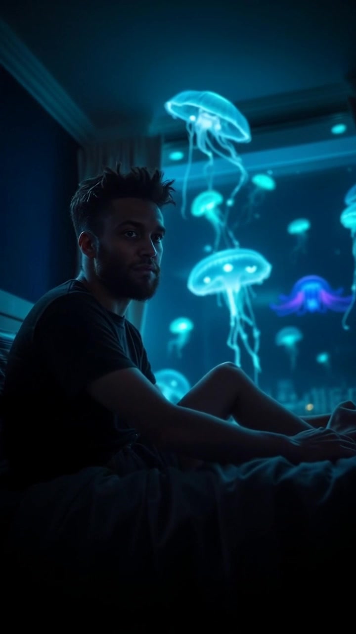 Scene: A dimly lit bedroom at night, where a young man sits on the edge of his bed, looking distressed. Style: The soft, ambient light highlights the shadows and creates a moody atmosphere that emphasizes his emotional turmoil. Motion: The camera gently pushes in, capturing a close-up of his troubled expression before pulling back to reveal the cluttered surroundings, enhancing the feeling of isolation.