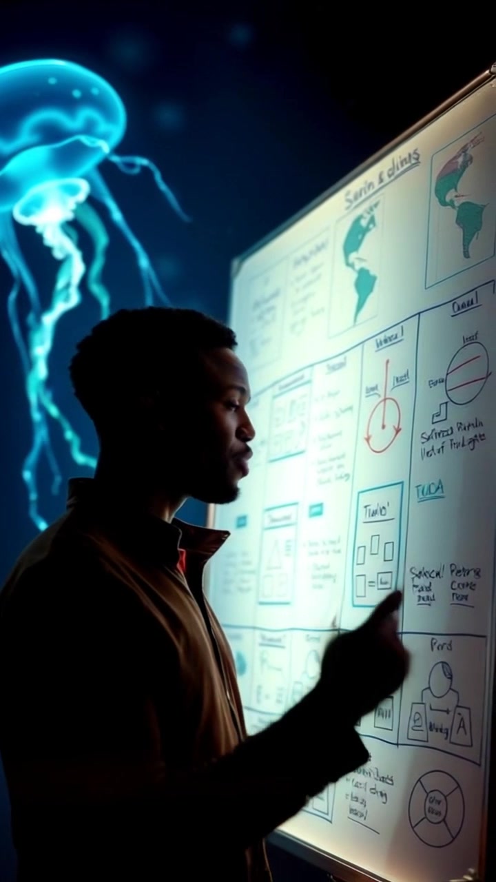 Subject: Isaiah standing in front of a large whiteboard filled with ideas and diagrams. Subject movement: Isaiah is gesturing emphatically, pointing at various sections of the whiteboard with determination. Scene: A focused office environment, with colorful diagrams and notes cluttering the whiteboard. Style: Bright, overhead lighting creates a productive atmosphere. Motion: Handheld camera tracks Isaiah's movements as he shifts his attention between different parts of the whiteboard, capturing his expressive gestures and the detailed diagrams in a dynamic manner.