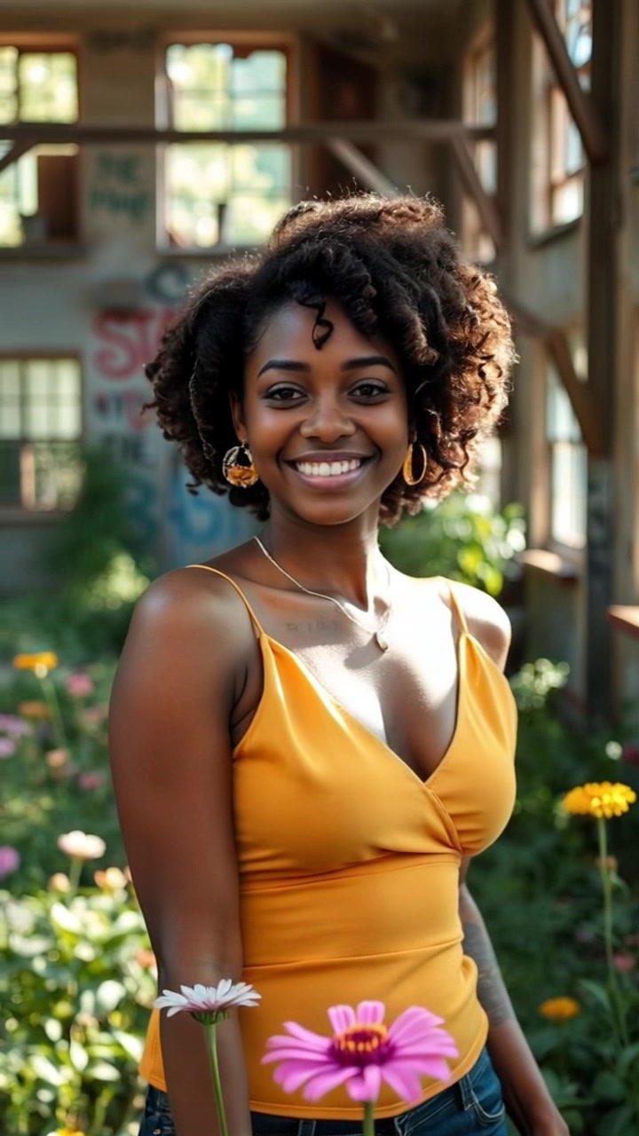 Subject: Nia standing in a sunlit garden, smiling gently surrounded by vibrant flowers. Subject movement: She turns slightly to her left, her hair swaying softly in the breeze. Scene: A colorful garden filled with blooming flowers under the warm afternoon sun. Style: Soft, ambient lighting illuminating the scene, creating a cheerful and inviting atmosphere. Motion: The camera performs a smooth, slow push-in towards Nia, capturing the warmth of her smile and the beauty of the surrounding flora.