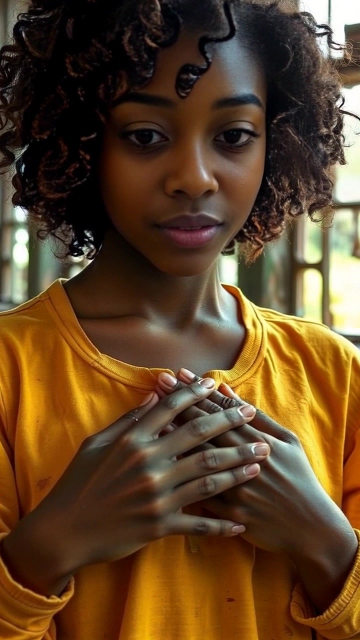 Scene: A close-up of hands clasped over a heart, conveying a profound sense of hidden sadness. Style: Soft, diffused lighting creating a gentle, intimate atmosphere. Motion: Camera slowly pushes in, focusing on the delicate details of the hands and the emotions they embody, as a tender, melancholic soundtrack underscores the moment.