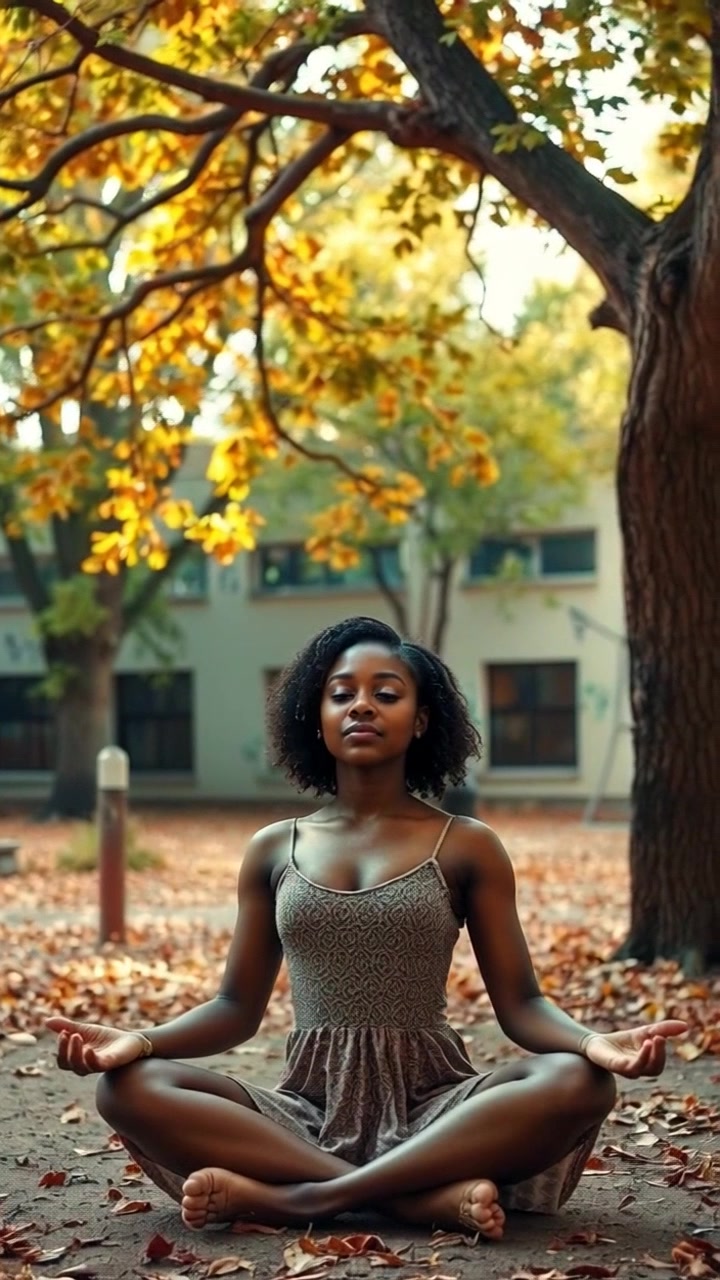 Subject: A woman meditating under a large tree, embodying tranquility. Subject movement: She sits peacefully, taking deep breaths, with slight movements of her hands as she focuses on her meditation. Scene: A serene park filled with lush greenery and gentle sunlight filtering through the leaves above. Style: Soft, warm lighting creating a calm and inviting atmosphere. Motion: The camera slowly pans around her, capturing the beauty of the surrounding nature, then glides upward to reveal the expansive sky.