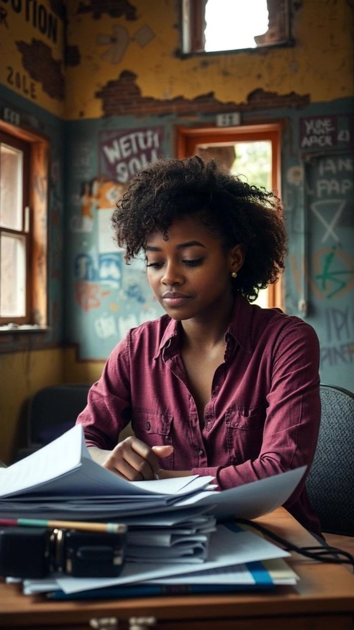 Subject: A woman sitting at a cluttered desk filled with papers, appearing stressed and thoughtful. Subject movement: She shifts slightly in her chair, her eyes moving between the stacks of documents as she takes a deep breath. Scene: An office setting filled with disarray, scattered paperwork, and a dimly lit atmosphere. Style: Warm, ambient lighting creates a cozy yet tense mood. Motion: The camera slowly zooms in on her contemplative expression, then delicately tilts to reveal the chaotic workspace around her.
