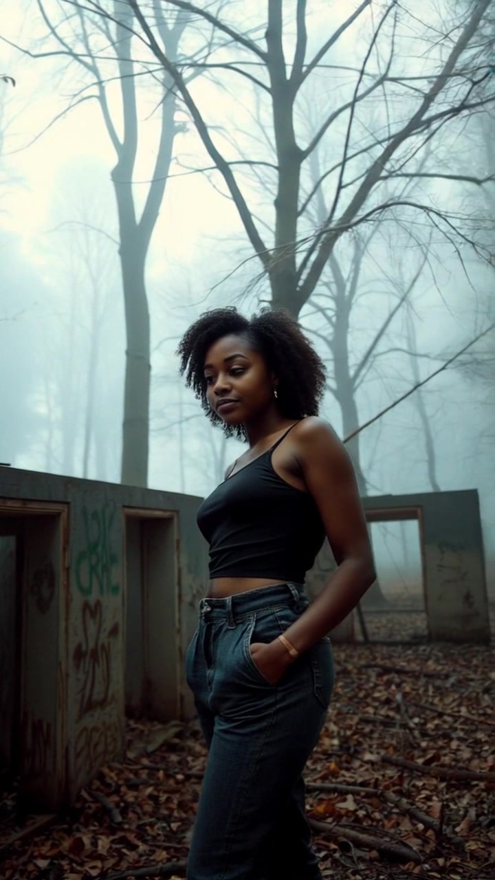 Scene: A fog-covered forest with tall, mysterious trees encircling a solitary figure standing still. Lighting: Soft, diffused light filtering through the mist, creating an ethereal atmosphere. Motion: Camera slowly pans around Nia, capturing the enchantment of the fog and the intricate details of the trees as they loom in the misty backdrop.