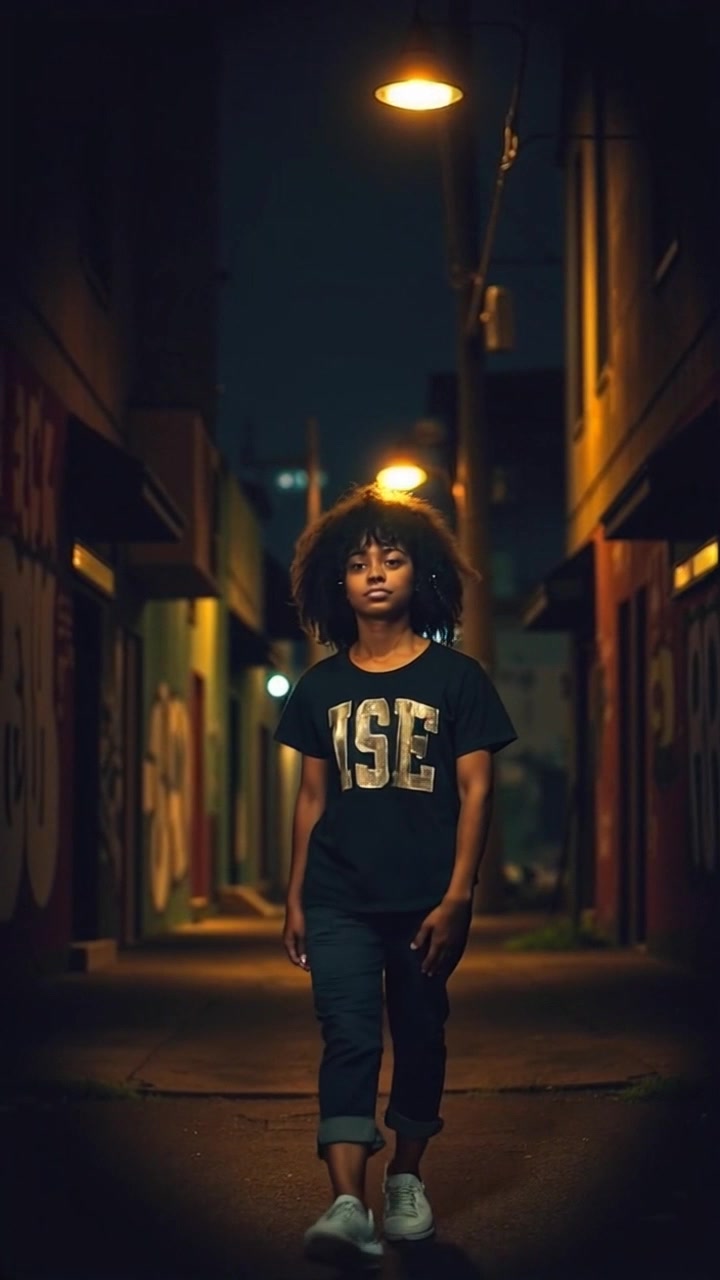 Subject: A person walking down a dark, quiet street. Subject movement: The individual strides confidently under the glow of a solitary street lamp, casting long shadows on the pavement. Scene: An atmospheric urban environment at night, with muted colors and faint echoes of distant sounds. Style: Soft, ambient lighting creates a moody and serene atmosphere, enhancing the solitude of the scene. Motion: The camera gently tracks alongside, offering a side view of the figure as they pass beneath the light, allowing the viewer to savor the tranquil night.