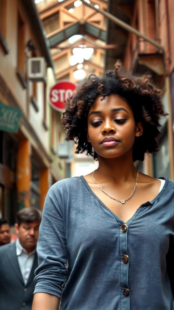 Subject: A young woman confidently walking through a bustling street, eyes focused ahead, seemingly unaffected by the attention around her. Subject movement: She strides purposefully, weaving through the crowd with ease. Scene: A vibrant city street filled with diverse pedestrians and colorful storefronts. Style: Bright, natural daylight illuminating the urban landscape, creating an energetic atmosphere. Motion: The camera follows her with a smooth tracking shot, capturing the dynamic flow of the crowd around her.