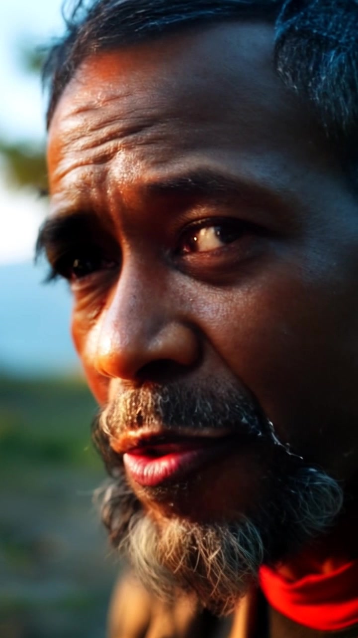 Subject: A person expressing wisdom while talking about the land. Subject movement: The person gestures thoughtfully, moving their hands to emphasize key points. Scene: Intimate close-up of the person's face, surrounded by gentle greenery hinting at a lush, natural landscape in the background. Style: Soft, natural lighting that creates a warm atmosphere, highlighting the nuances of the person's expression. Motion: Transition from a close-up of the face to a wider shot revealing the serene landscape as they speak, capturing their connection to the environment.