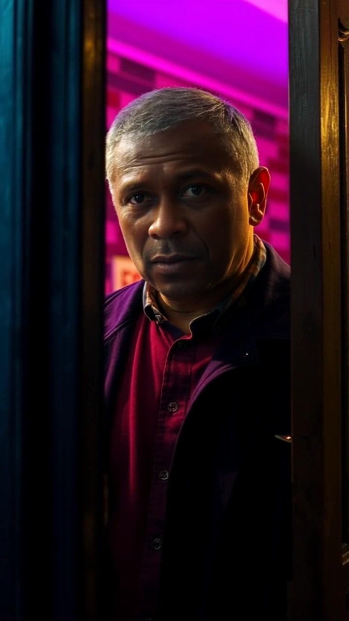 Subject: Kwame standing in the doorway, partially shadowed. Subject movement: He takes a slow step forward into the light, the shadow receding to reveal more of his figure. Scene: A dimly lit threshold contrasting with a brightly lit interior beyond. Style: Soft ambient lighting creating a dramatic play of light and shadow. Motion: Camera gently pushes in to frame Kwame as he steps forward, emphasizing the transition from darkness to light.