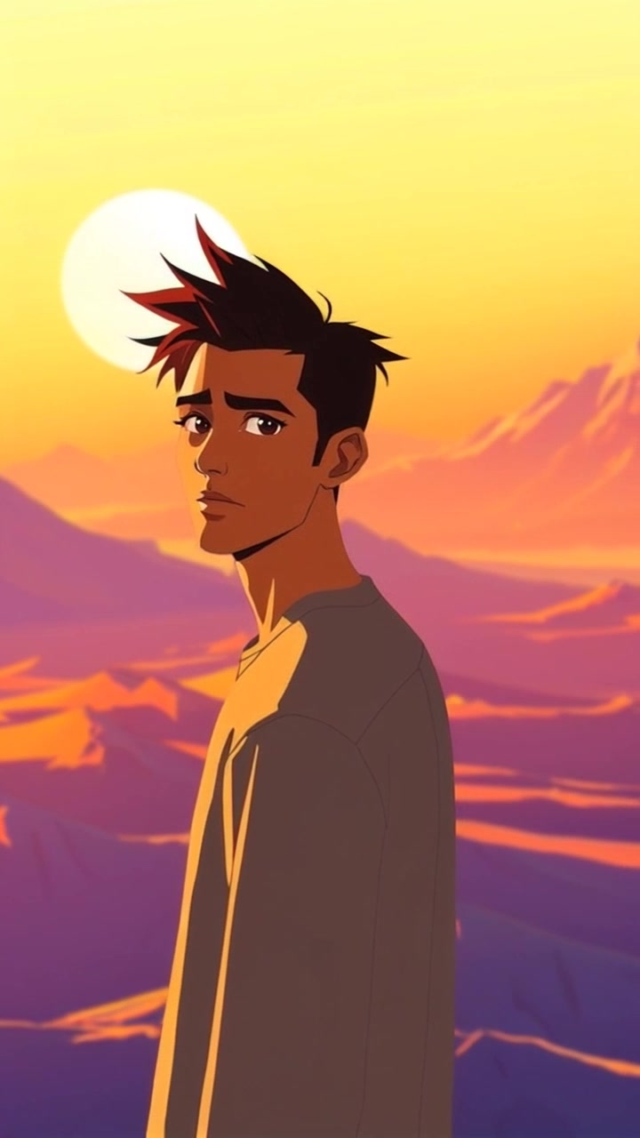 Subject: A figure standing on top of a mountain. Subject movement: The figure gazes intently at the vast landscape below, with the wind gently billowing their clothing. Scene: A breathtaking mountain peak during sunrise, with a panoramic view of the valleys and peaks extending into the horizon. Style: Soft, golden morning light illuminating the scene, casting long shadows and enhancing the vibrant colors of the landscape. Motion: The camera begins with a static shot focused on the figure, then slowly pans around them, revealing the expansive beauty of the early morning vista.