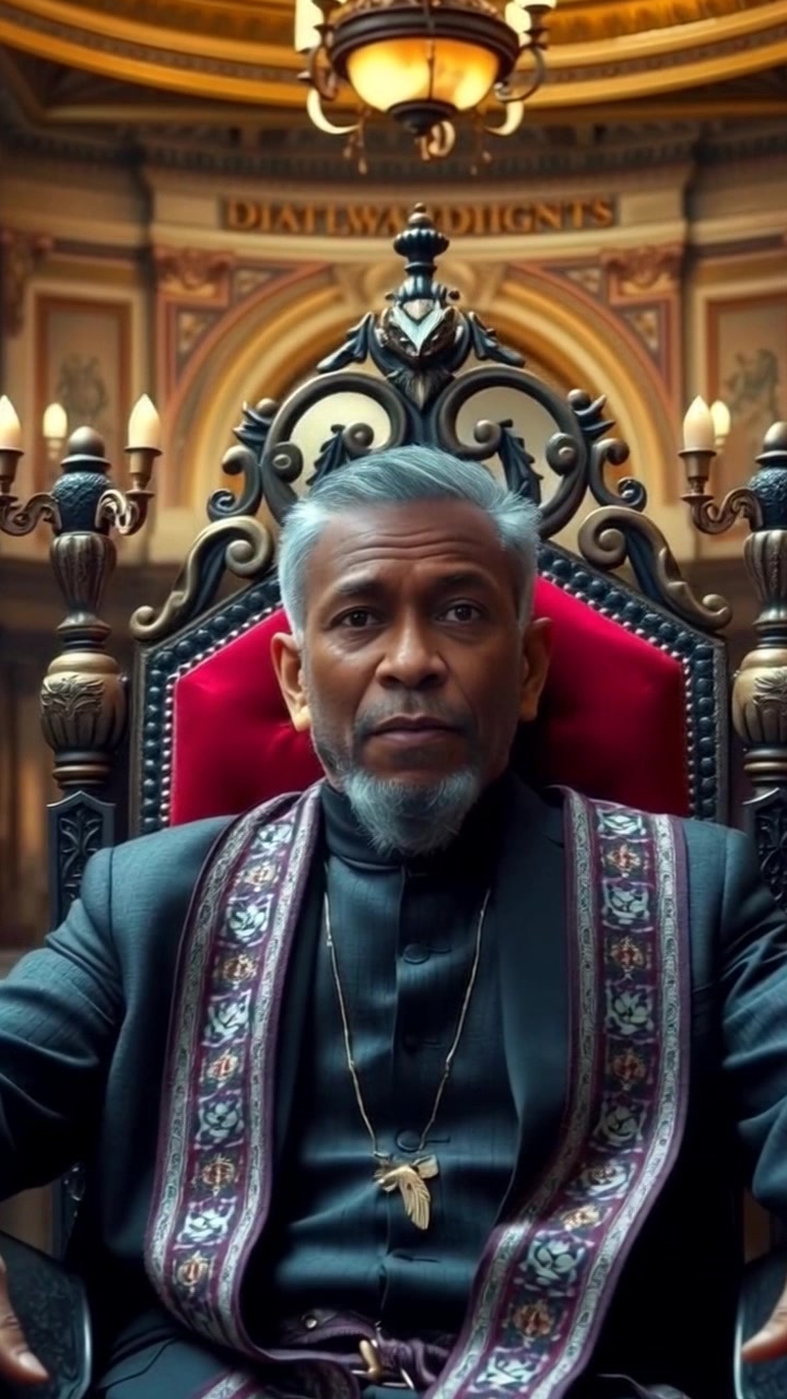 Subject: A regal figure seated on a lavish throne. Scene: Kwame sits majestically in a richly decorated royal hall adorned with ornate patterns and vibrant colors. Style: Ambient gold-light filtering through grand windows, illuminating the intricate details of the hall. Motion: The camera slowly pushes in from a distance, capturing the splendor of the throne and the grandeur of the surroundings, while a soft focus highlights the subject's composed demeanor.