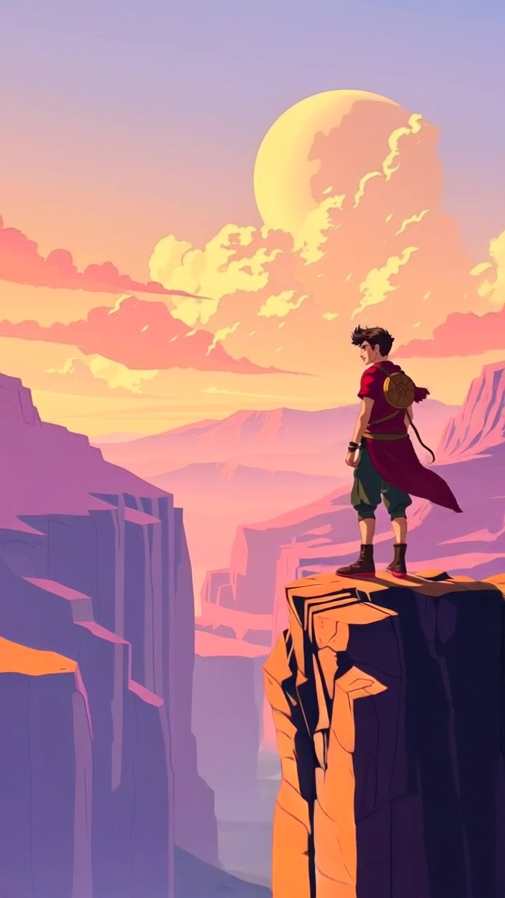 Subject: A young man standing at the edge of a cliff. Subject movement: He gazes intently over the vast valley below, embodying a sense of determination. Scene: A breathtaking cliff overlooking a sprawling valley, with dramatic rock formations and distant mountains. Style: The scene is bathed in the soft light of dawn, casting a warm, golden hue over the landscape. Motion: The camera begins with a close-up of the man's face, then pulls back smoothly to reveal the majestic vista before him, enhancing the feeling of scale and ambition.