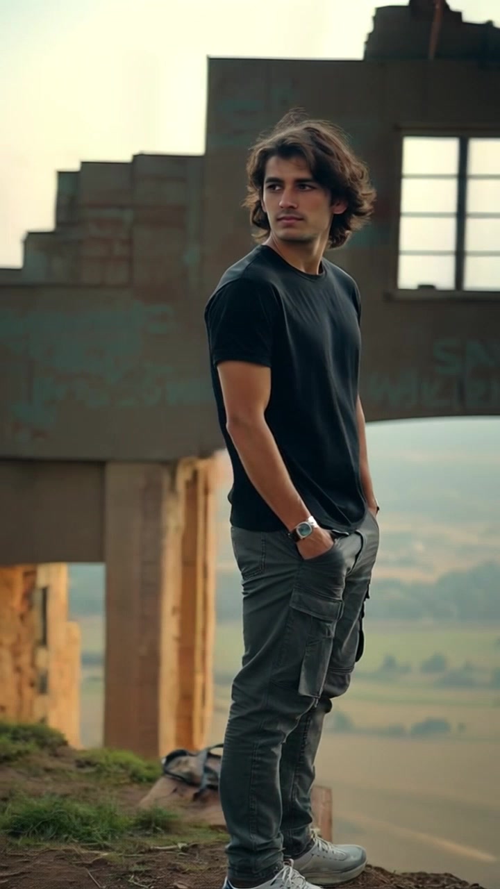 Subject: Mateo standing confidently on a hilltop, gazing out at a vast landscape beneath. Subject movement: Mateo shifts his weight slightly, taking in the expansive view. Scene: A stunning hilltop overlooking a sprawling valley, with mountains and greenery stretching into the distance. Style: Golden-hour lighting casts a warm glow over the landscape, enhancing the vibrant colors of nature. Motion: The camera performs a slow, dramatic panning shot, showcasing the breathtaking scenery around Mateo as the wind gently rustles the grass.