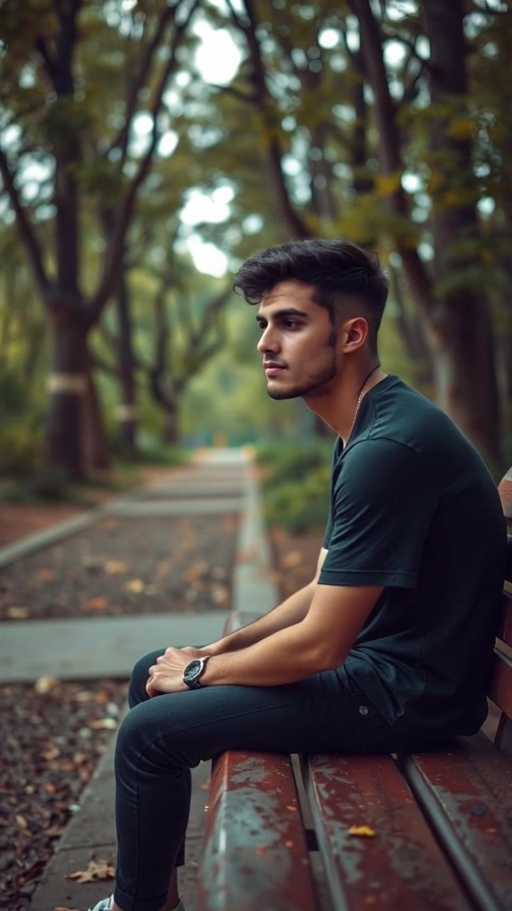 Subject: A young man sitting on a park bench. Subject movement: He shifts slightly, gazing around thoughtfully. Scene: A serene park with trees and winding pathways creating a tranquil atmosphere. Style: Soft morning light filtering through the leaves, casting gentle shadows. Motion: The camera slowly pushes in from a distance, capturing the surroundings before focusing on the man’s contemplative expression.