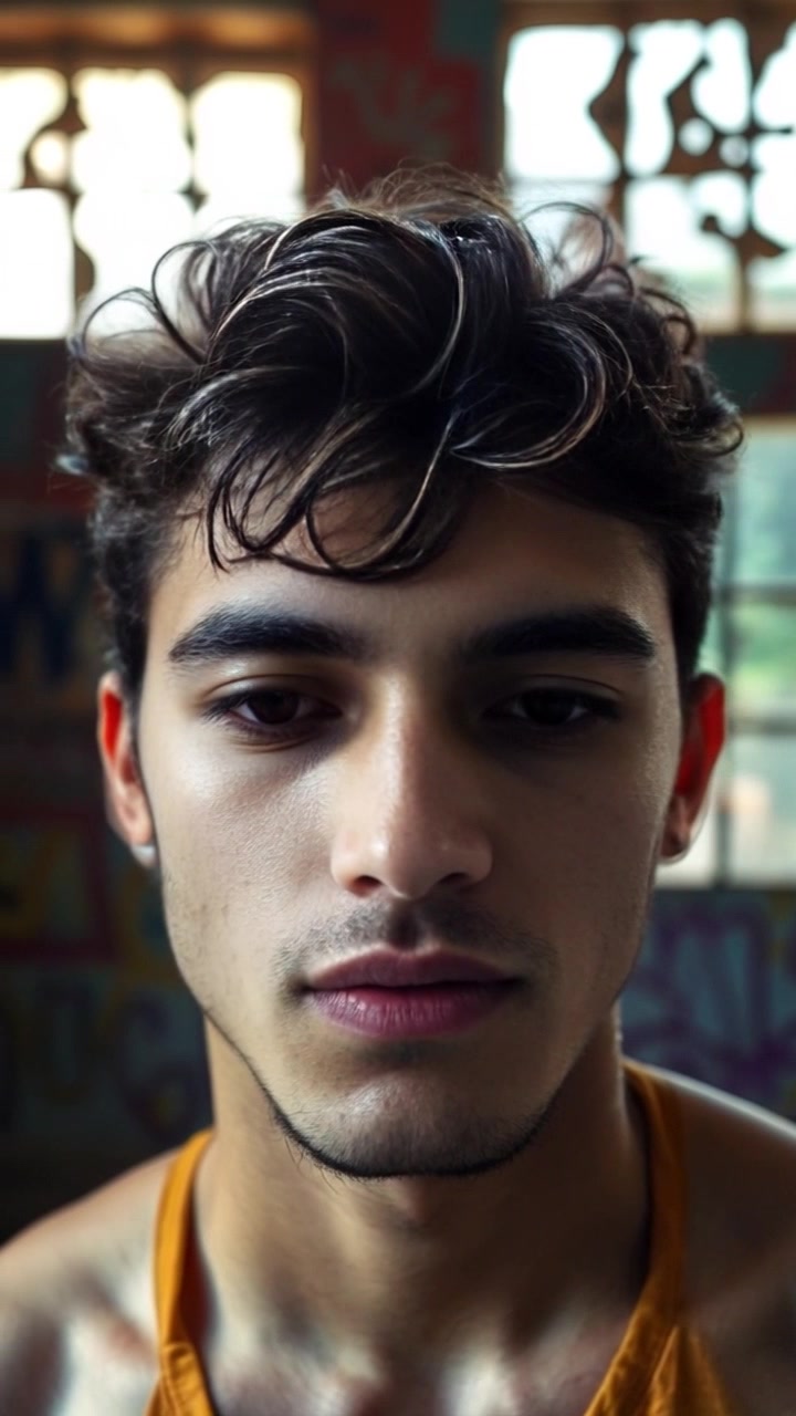 Subject: A young man with a conflicted expression of sadness and defiance. Subject movement: His features subtly shift as he takes a deep breath, a moment of reflection before he looks away with determination. Scene: A dimly lit urban alleyway, with graffiti and shadows creating an intense backdrop. Style: Moody lighting, emphasizing the contrast of light and dark across his face. Motion: Close-up of his face begins stationary, then slowly pans out to capture the gritty atmosphere of the alley, giving a sense of space around his emotional turmoil.