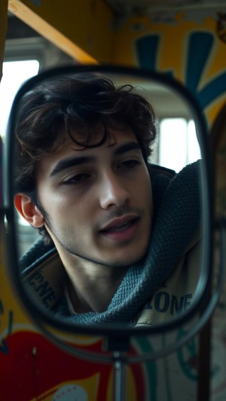 Scene: A close-up of a mirror reflecting a person's face, with expressions unfolding as they speak silently. Style: Soft, ambient lighting creating a serene and contemplative atmosphere. Motion: The camera gently zooms in on the reflection, accentuating subtle changes in face and expression, while the background remains blurred, enhancing the intimate moment.