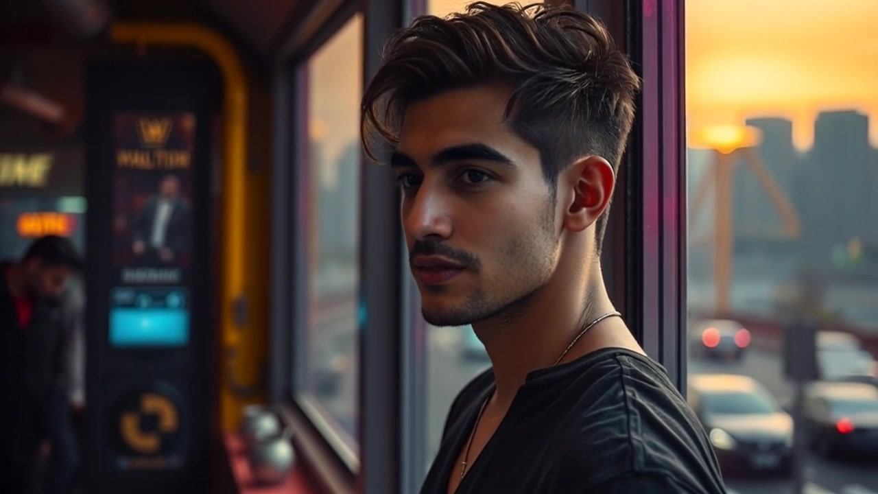 Subject: Amir standing by the window. Subject movement: He gazes thoughtfully outward, occasionally shifting his weight from one foot to the other. Scene: An intimate, softly lit room with warm tones, sunlight streaming through the window casting gentle shadows. Motion: Camera slowly pushes in, capturing Amir's reflective expression while maintaining a cozy ambiance, the light creating a tranquil atmosphere.