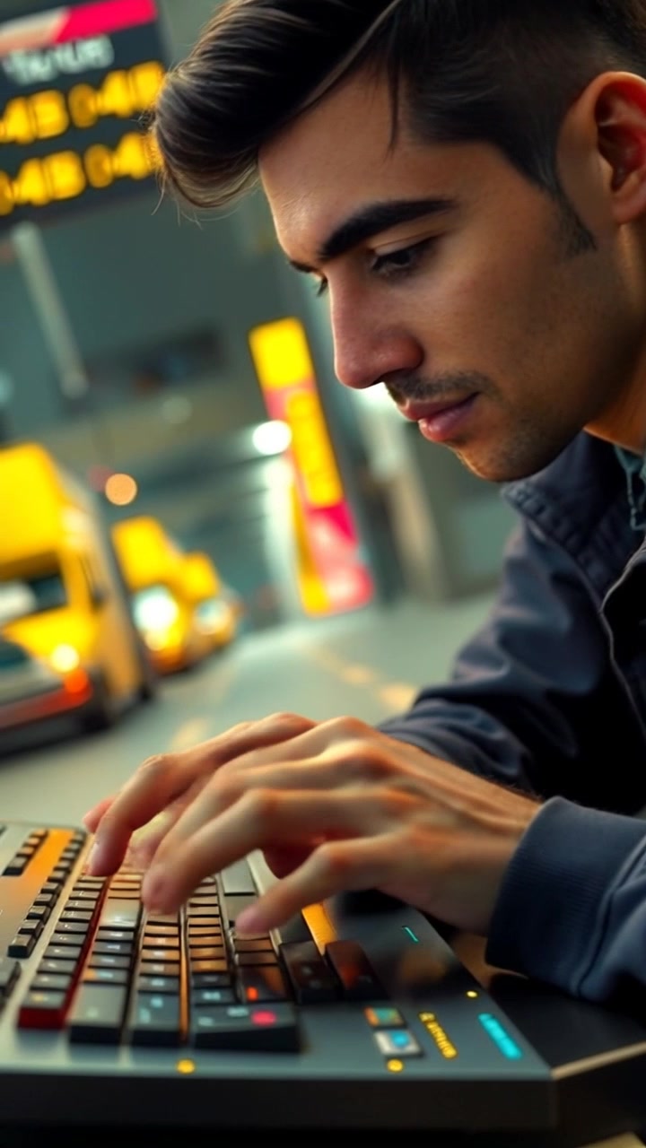 Subject: Hands typing swiftly on a futuristic keyboard. Subject movement: The fingers dance across the illuminated keys, creating a symphony of motion. Scene: A sleek, high-tech workspace with ambient lighting and shimmering screens in the background. Style: Cool, ambient lighting enhances the futuristic vibe, casting soft shadows. Motion: Camera performs a dramatic push-in, focusing closely on the hands as they type, with a shallow depth of field that blurs the surrounding environment.