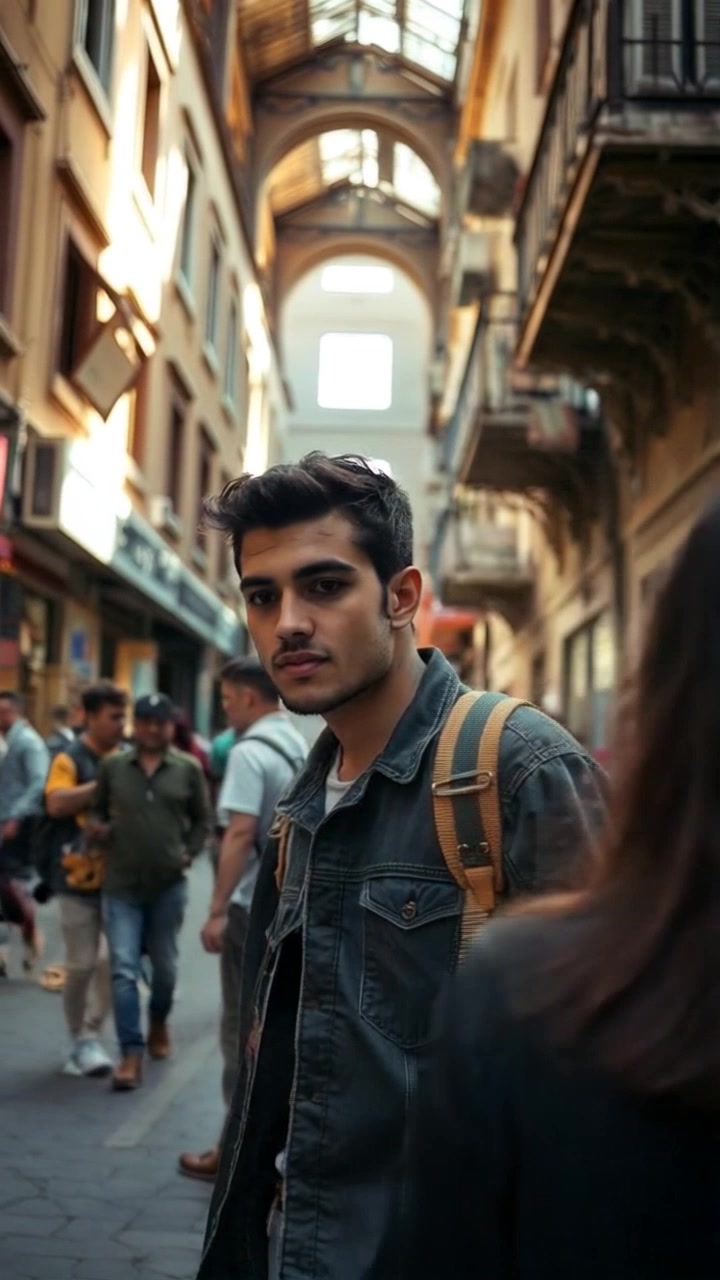 Subject: Mateo standing determined amidst a bustling street, focused on his path. Subject movement: He strides confidently forward, weaving through the crowd with purpose, impervious to the commotion around him. Scene: A lively urban street filled with people and city sounds, shops lining the background, creating a vibrant atmosphere. Lighting: Bright, midday sunlight illuminating the scene with a crisp clarity. Motion: The camera tracks Mateo from a side angle, smoothly gliding alongside him as he moves through the crowd, capturing the dynamic interplay between his resolve and the busy environment.
