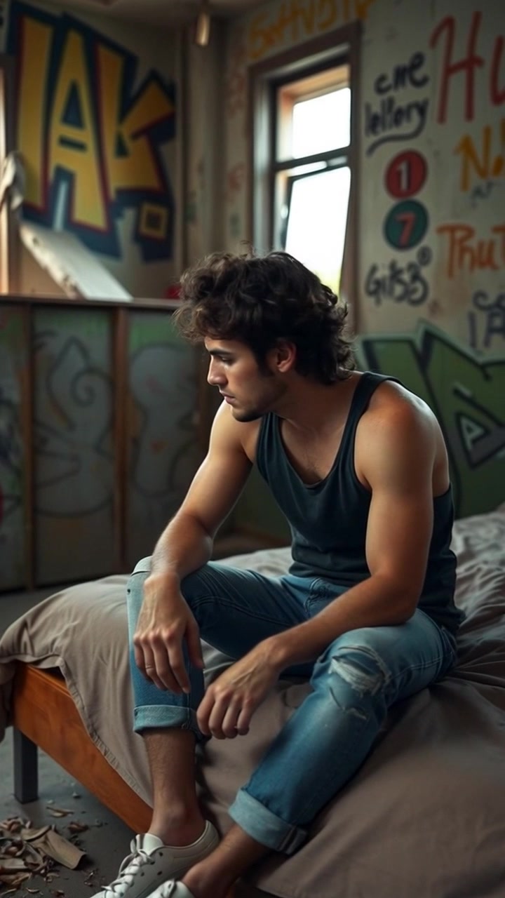 Subject: Mateo sitting on the edge of his bed, looking tired. Scene: A cozy, softly lit bedroom with warm tones, emphasizing the calm of evening approaching. Motion: The camera gently pushes in closer to Mateo, capturing the subtle movements as he prepares for sleep, with soft ambient lighting creating a serene atmosphere.