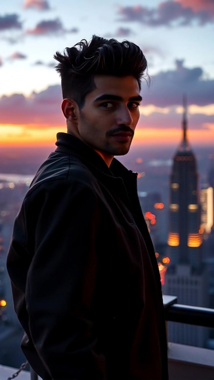 Subject: A determined individual standing on a rooftop. Subject movement: The person gazes intently over the city skyline, shifting slightly to adjust his stance. Scene: Rooftop overlooking a sprawling city at dusk, with a backdrop of twinkling lights and fading sunlight. Style: Warm, dusky light casting a soft glow, enhancing the vibrant hues of the sunset. Motion: Camera begins with a close-up on the subject's face, capturing the determination in his expression, then slowly pulls back to reveal the expansive skyline behind him.