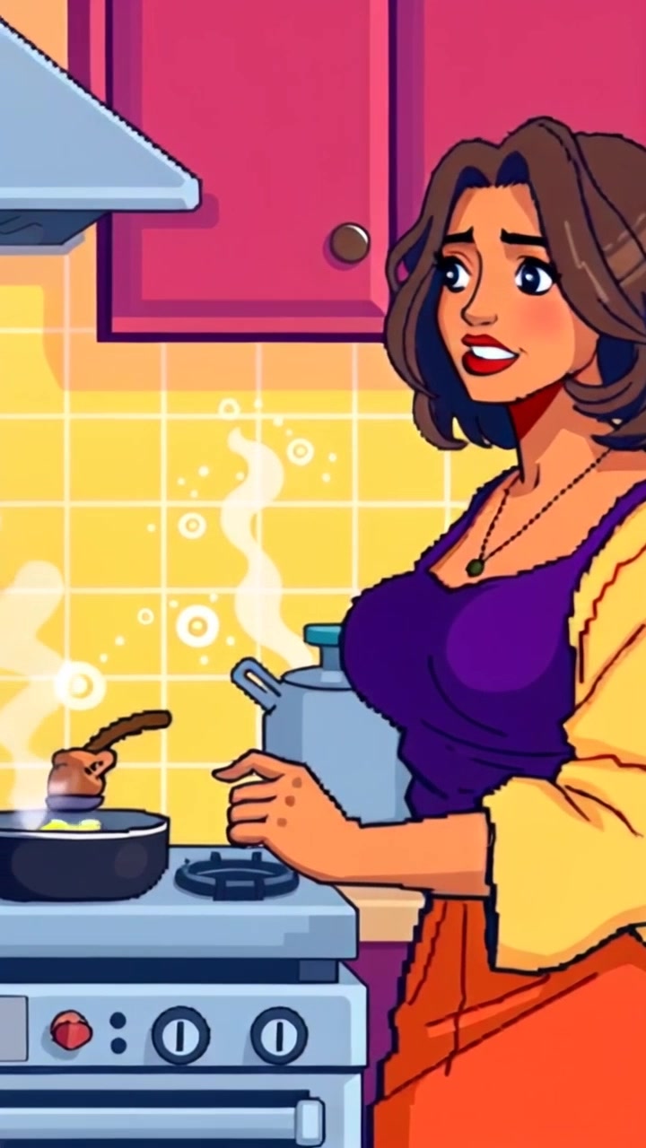Subject: An elderly woman stirring a pot on the stove. Subject movement: She moves her hand rhythmically as she talks to herself, occasionally glancing around the cozy kitchen. Scene: A warm, inviting kitchen filled with homey decor, sunlight streaming through the window, casting soft shadows on the countertops. Motion: The camera gently pushes in to capture the woman at work, then slowly pans to reveal the bubbling pot and the colorful ingredients on the counter, emphasizing the homely atmosphere.