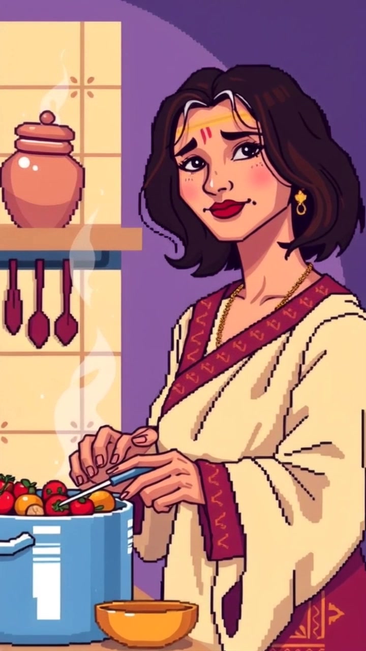 Subject: A woman in a cozy kitchen. Subject movement: She is skillfully stirring a pot on the stove, moving with care and confidence. Scene: Intimate kitchen filled with warm, inviting light, showcasing an array of traditional spices and cooking utensils. Motion: Camera performs a gentle push-in, capturing the joyful focus on her face as she prepares the meal, while soft ambient light adds to the cozy atmosphere.