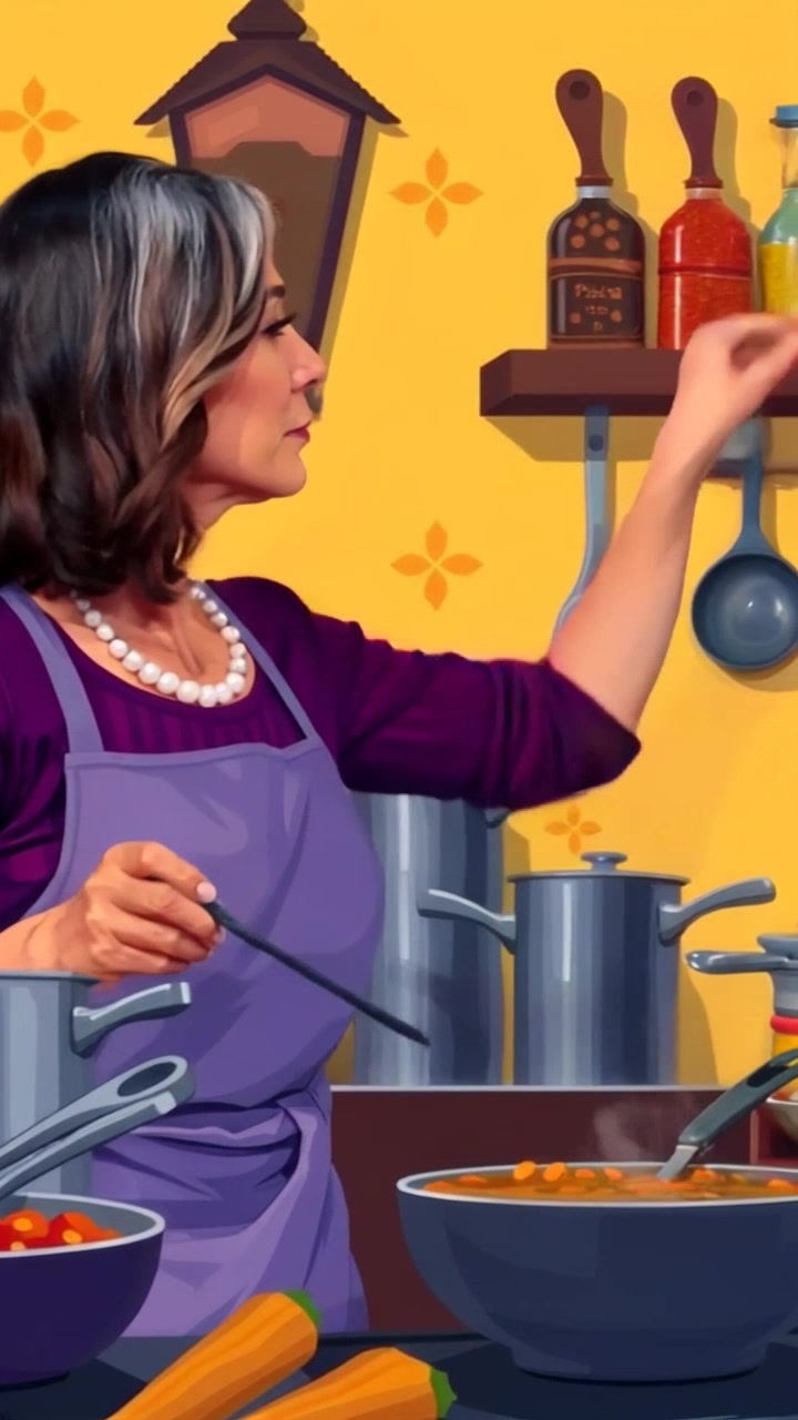 Subject: Nani cooking in a warm kitchen. Subject movement: Nani stirs a pot while reaching for spices on the shelf, moving gracefully among the cookware. Scene: A cozy kitchen filled with colorful spices, pots, and warm wooden accents, illuminated by soft, golden light. Motion: The camera tracks gently around Nani as she moves, capturing the vibrant details of her surroundings and the lively atmosphere of a home-cooked meal.
