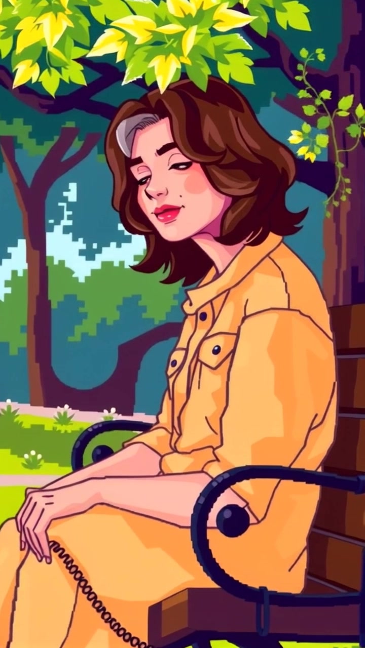 Subject: A woman seated on a park bench, reflecting with a serene expression. Subject movement: She shifts slightly to adjust her posture, taking a deep breath as she observes her surroundings. Scene: A tranquil park setting, surrounded by lush greenery and colorful flowers, with soft sunlight filtering through the leaves. Style: Soft, natural lighting enhances the peaceful ambiance, creating a warm and inviting atmosphere. Motion: The camera utilizes a slow, gentle push in towards the woman, capturing her contemplative moment while revealing the vibrant nature around her.