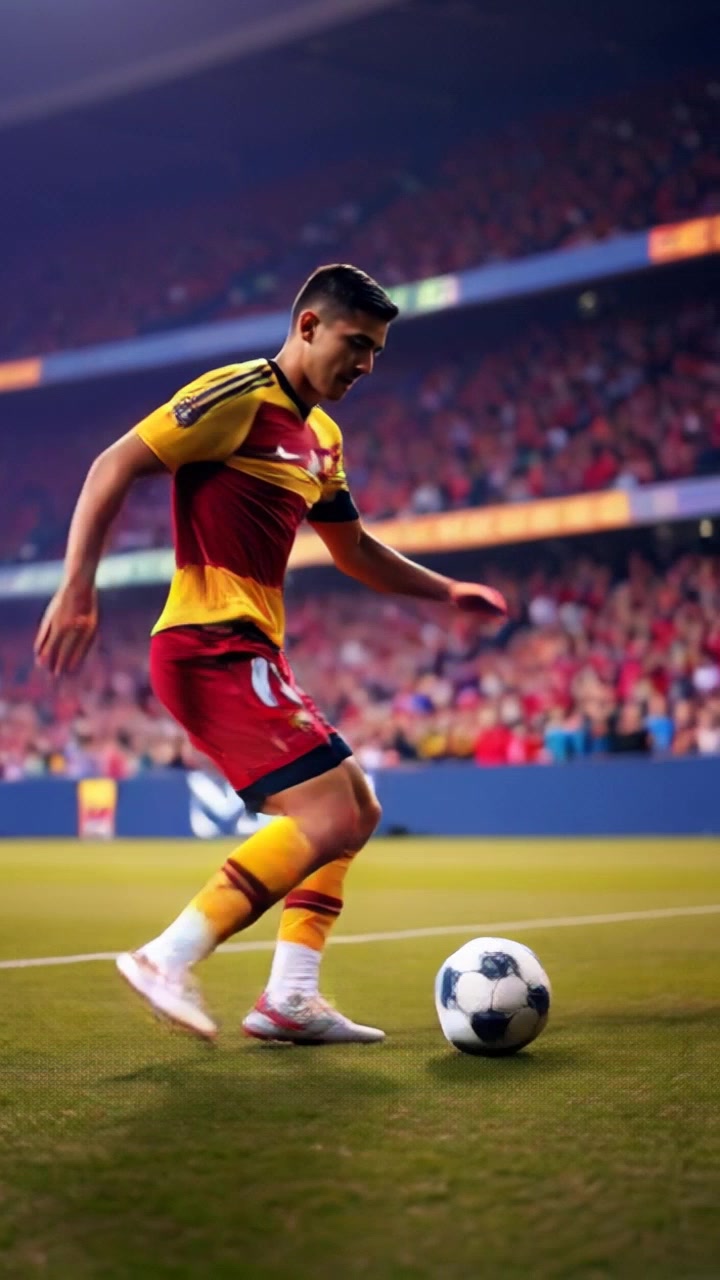 Subject: A skilled soccer player executing a feint while dribbling the ball on the pitch. Subject movement: The player swiftly changes direction, dodging an imaginary defender. Scene: Lush green soccer field under bright daylight with spectators in the background. Style: Crisp lighting highlighting the player's athleticism and the vibrant pitch. Motion: The camera performs a dynamic tracking shot, following the player's rapid footwork while maintaining focus on the ball.