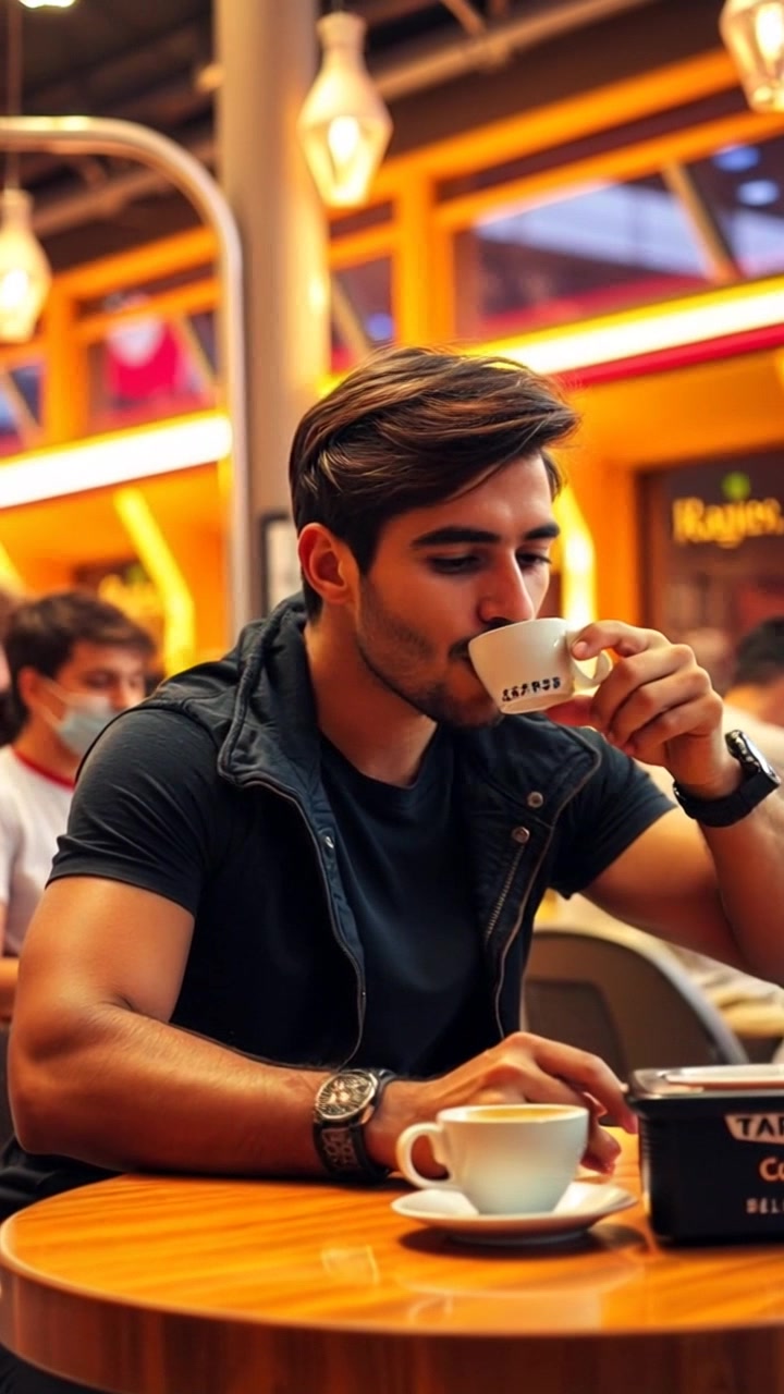Subject: Amir sitting at a table in a cozy coffee shop. Subject movement: Amir raises his coffee cup to take a sip while laughing with his friends, their animated gestures highlighting the joy of the moment. Scene: A vibrant coffee shop filled with warm ambient lighting and soft chatter from other patrons. Motion: Camera slowly pushes in towards Amir's table, bringing the viewer closer to the lively conversation and capturing the warmth of friendship.
