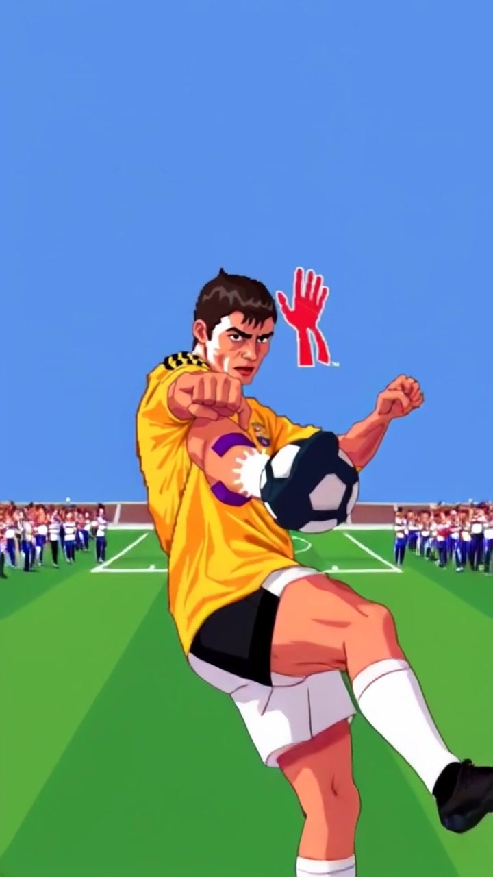 Subject: Cristiano Ronaldo. Subject movement: He executes a powerful kick with precision and determination. Scene: A vibrant soccer field filled with cheering fans, bright green grass, and blue sky above. Style: Bright midday sun shining down, creating a lively atmosphere. Motion: Camera zooms in dramatically as Ronaldo approaches the ball, capturing the intensity of his concentration and the energy of the crowd, then following the ball's swift trajectory as it slices through the air.