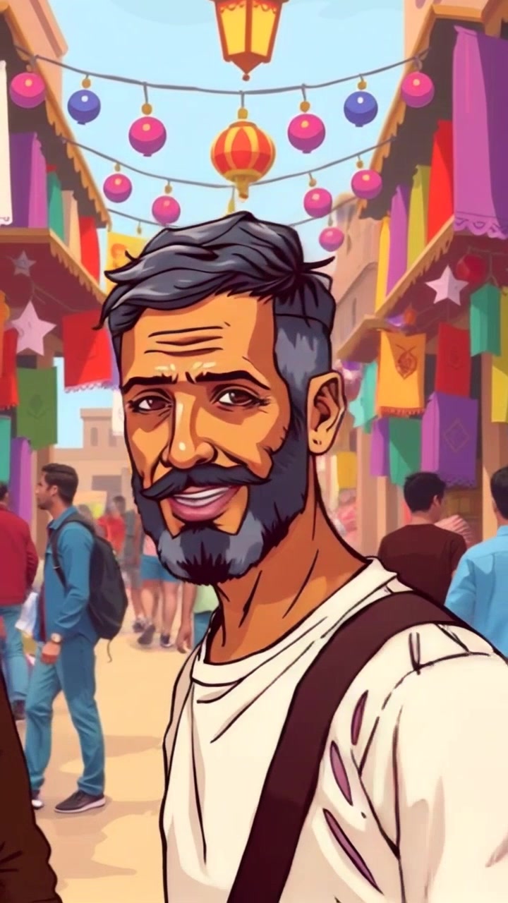 Subject: A man walking through a bustling market. Subject movement: He weaves through the vibrant crowd, exchanging smiles with vendors. Scene: A colorful market filled with lively stalls and a diverse crowd. Style: Bright, natural midday light illuminating the vivid colors of fruits and textiles. Motion: Handheld camera tracking shot that follows the man as he navigates through the market, capturing the energy and movement of people all around.