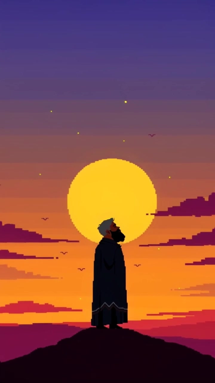 Subject: A soldier standing in silhouette against a vibrant sunset sky, conveying a sense of longing. Scene: The soldier gazes into the horizon, framed by a breathtaking sunset with hues of orange and purple blending in the sky. Motion: The camera begins with a close-up on the soldier's face, capturing the emotion in his expression, then slowly pulls back to reveal the full silhouette against the expansive sky, creating a poignant contrast between the figure and the ethereal backdrop.