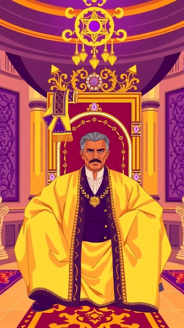 Subject: Omar sitting on a grand throne. Scene: A lavishly decorated palace filled with opulent furnishings and intricate patterns, giving an air of regality. Lighting: Dim, ambient light with soft shadows that enhance the somber mood. Motion: The camera slowly zooms in on Omar's pensive expression, capturing the detailed elegance of the throne and the subtle richness of the palace decor surrounding him.