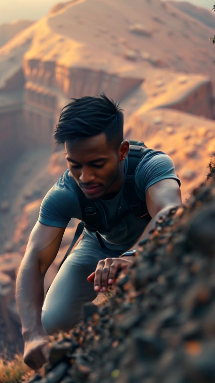 Subject: A young man climbing a steep hill. Subject movement: The young man ascends steadily, using both hands and feet to navigate the challenging terrain. Scene: Rugged, rocky hillside covered in sparse vegetation, with a dramatic sky overhead. Style: Natural lighting with a sense of late afternoon warmth, illuminating the contours of the hill. Motion: The camera tracks upward alongside the climber, creating a sense of dynamic movement as the landscape unfolds dramatically in the background.
