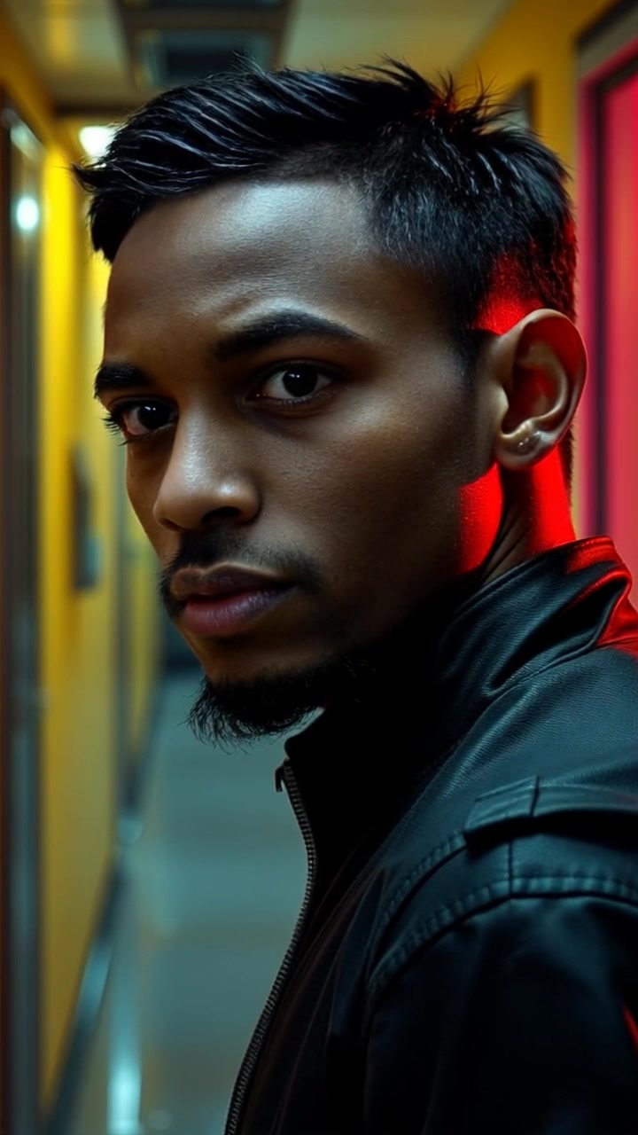 Subject: Isaiah standing alone in a dimly lit hallway. Subject movement: He shifts his weight anxiously from one foot to the other while gazing at the closed door with a worried expression. Scene: A narrow corridor characterized by worn-out walls and flickering overhead lights. Style: Moody lighting with deep shadows enhancing the tension in the atmosphere. Motion: The camera slowly zooms in on Isaiah's face, capturing the intensity of his concern, then pulls back to reveal the doorway ahead, creating a sense of impending drama.
