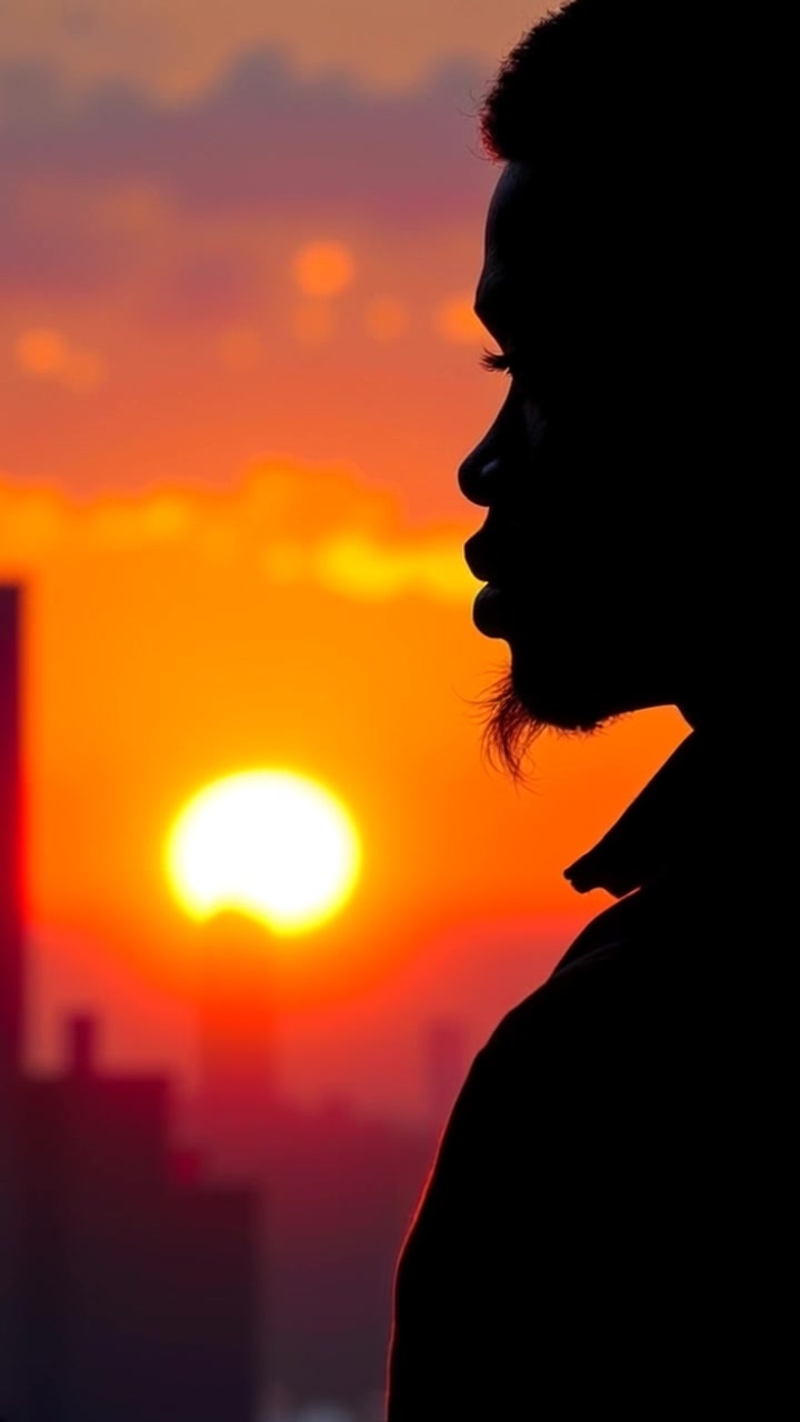 Subject: A silhouette gazing at a vibrant sunset, embodying introspection and growth. Scene: An expansive horizon with rich hues of orange, pink, and purple as the sun dips below the landscape. Motion: The camera gradually pushes in on the silhouette, emphasizing the emotional weight of the moment, while the soft glow of the sunset bathes the scene in warm, inviting light.