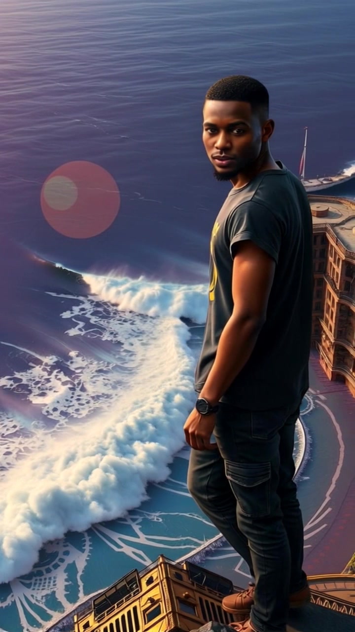 Subject: A person standing on a rocky cliff. Subject movement: The person stands still, gazing thoughtfully at the vast ocean as waves crash below. Scene: A dramatic cliff overlooking the ocean, with turbulent waves splashing against the rocks. Lighting: Bright sunlight filtering through scattered clouds, illuminating the scene with a vibrant glow. Motion: Camera slowly pans across the breathtaking landscape, capturing the expansive ocean and the rugged cliffside.