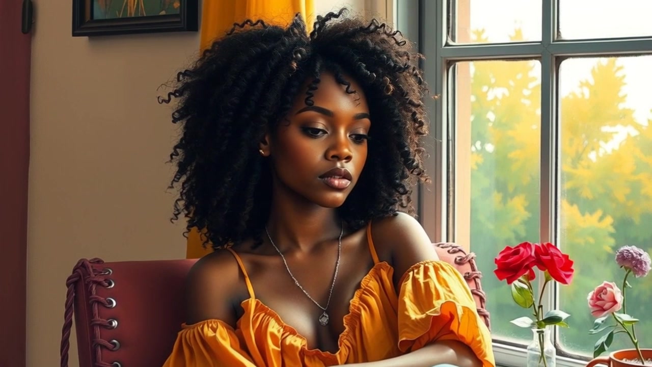 Scene: A cozy room with soft lighting, featuring a comfortable chair and a window backdrop, where someone is leaning against the window, lost in thought. Style: Warm ambient light fills the space, creating an inviting atmosphere. Motion: The camera slowly pushes in towards the person, capturing their contemplative expression, while gentle sunlight filters through the window, casting a serene glow in the room.